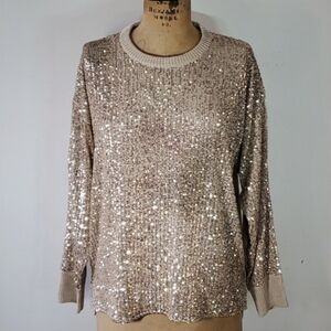 Calvin Klein Size L Sweater Formal Sequin Chiffon Front Knit Beige Long Sleeve